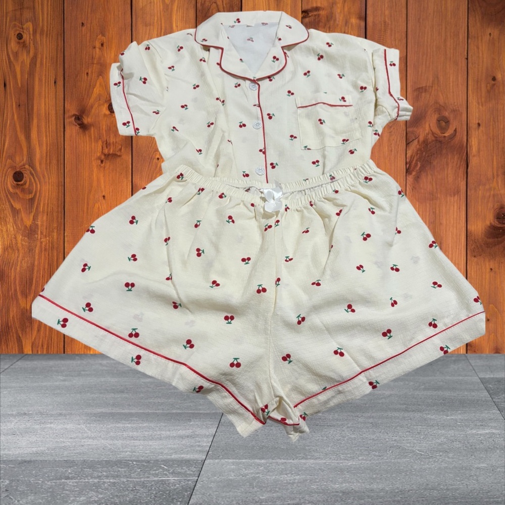 Pajama Set with Red Cherry Pattern and Red Piping W Size XL Cream/Red/Green - Picture 12 of 12